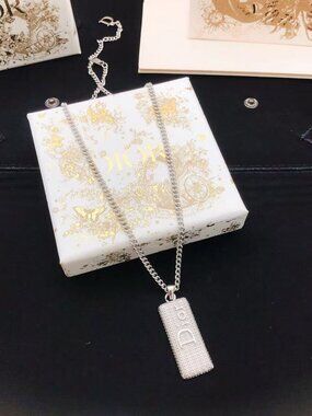 Dior Silver‑Tone Dog Tag Logo Pendant Adjustable Curb Chain Necklace